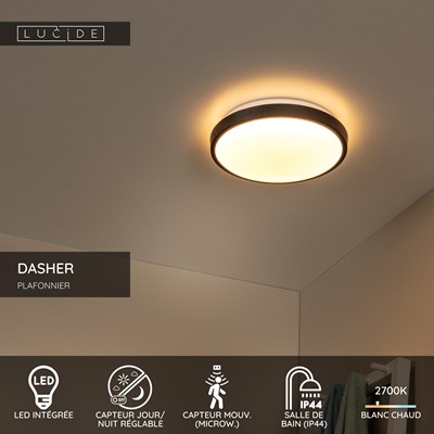 Lucide DASHER - Plafonnier Salle de bains - Ø 29,3 cm - LED - 1x12W 2700K - IP44 - Détecteur De Mouvement - Noir